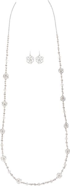 Silver Roses & Faux Pearl Bead Link Necklace Set