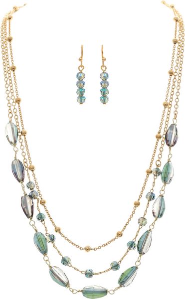 Gold Glass Peacock Bead Layer Necklace Set