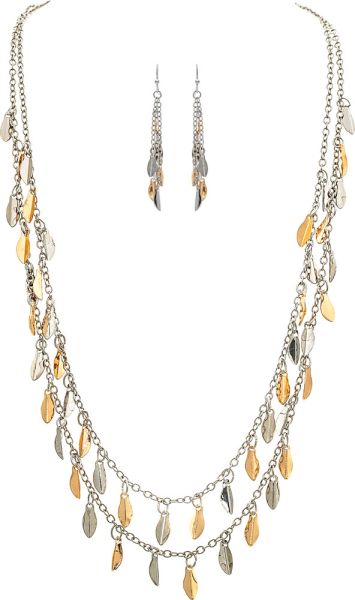 Two Tone Leafy Dangles Chain Layer Necklace Set