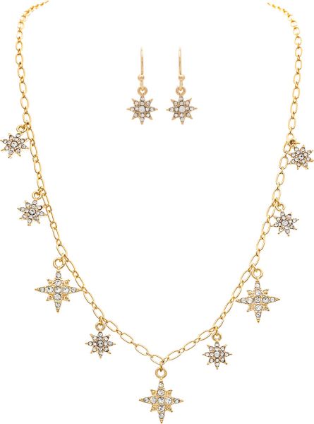 Gold Crystal Starbursts Chain Necklace Set