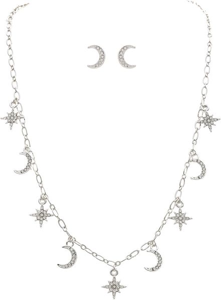 Silver Crystal Moon Stars Chain Necklace Set