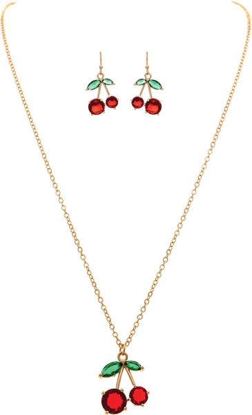 Gold Red Crystal Cherries Pendant Necklace Set