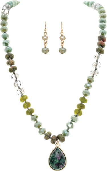Green Stone Glass Bead Drop Necklace Set