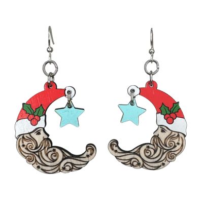 Wooden Santa Moon Earrings