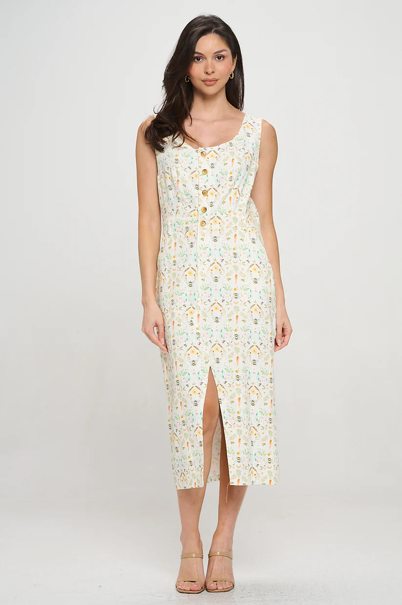 Bee Garden Print Midi Dress