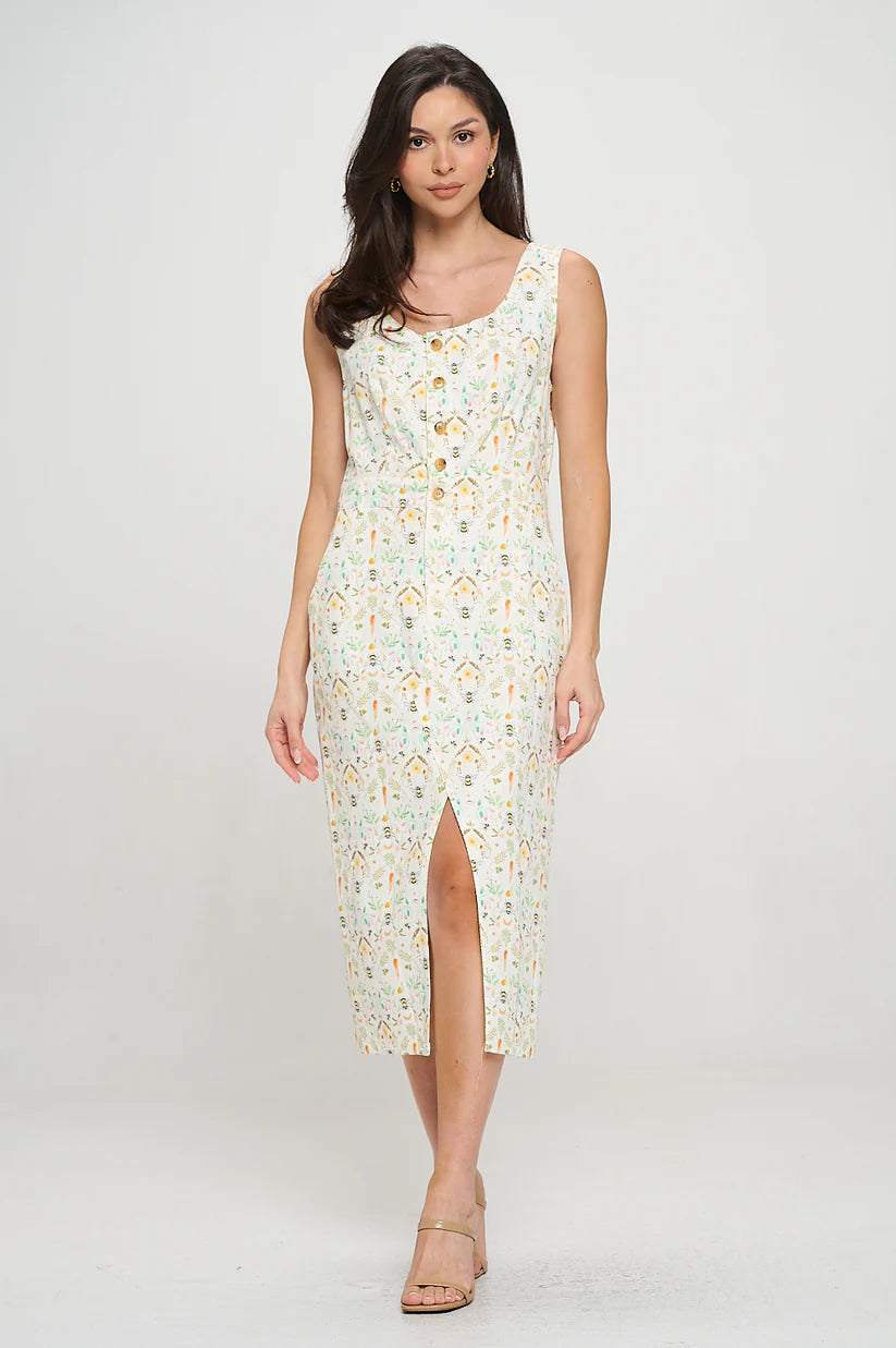 Bee Garden Print Midi Dress