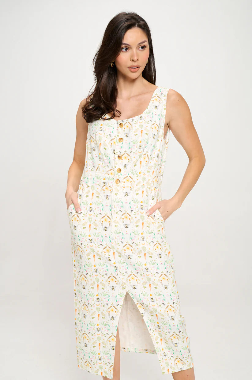 Bee Garden Print Midi Dress