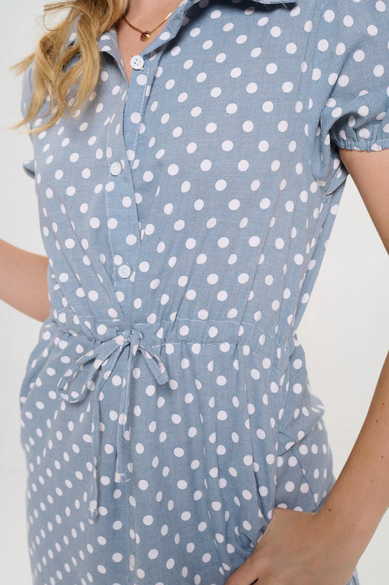 Blue Polka Dot Print Cotton Dress