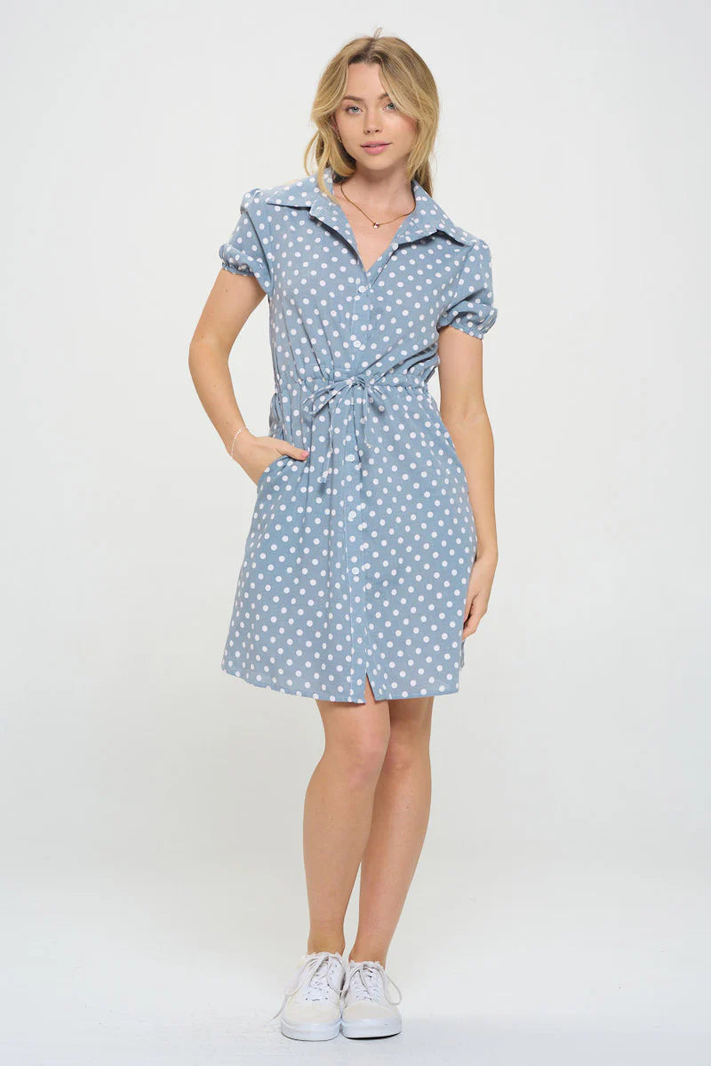 Blue Polka Dot Print Cotton Dress