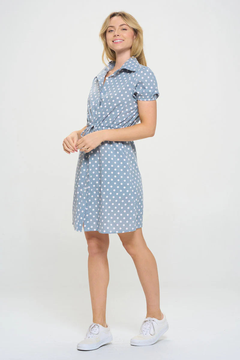 Blue Polka Dot Print Cotton Dress