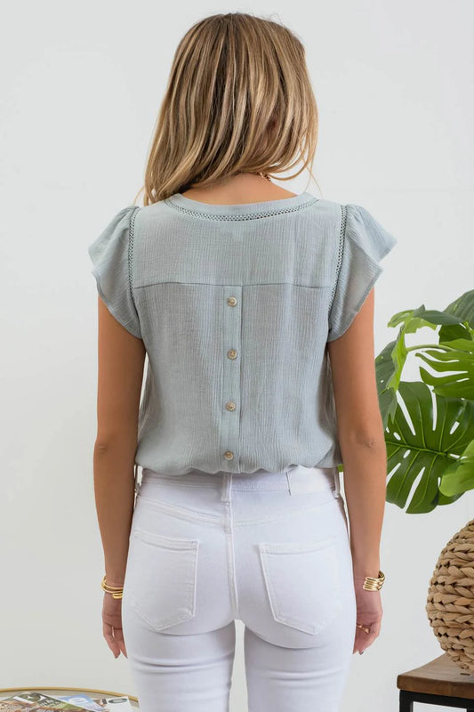 Tulip Sleeve Back Button Blouse
