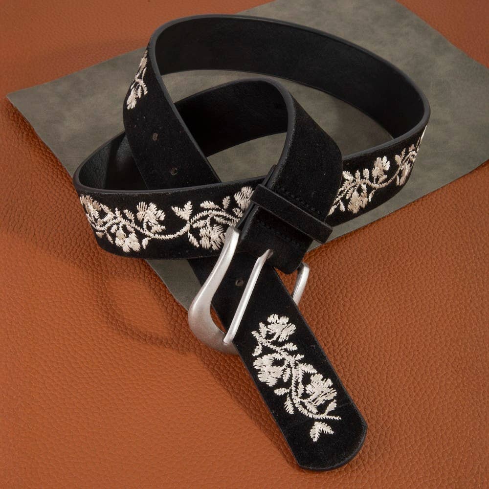 Embroidered Flower Vine Vegan Leather Belt