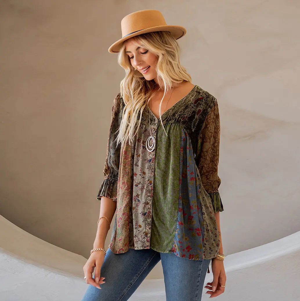 Vintage Boho Patchwork Velvet Top