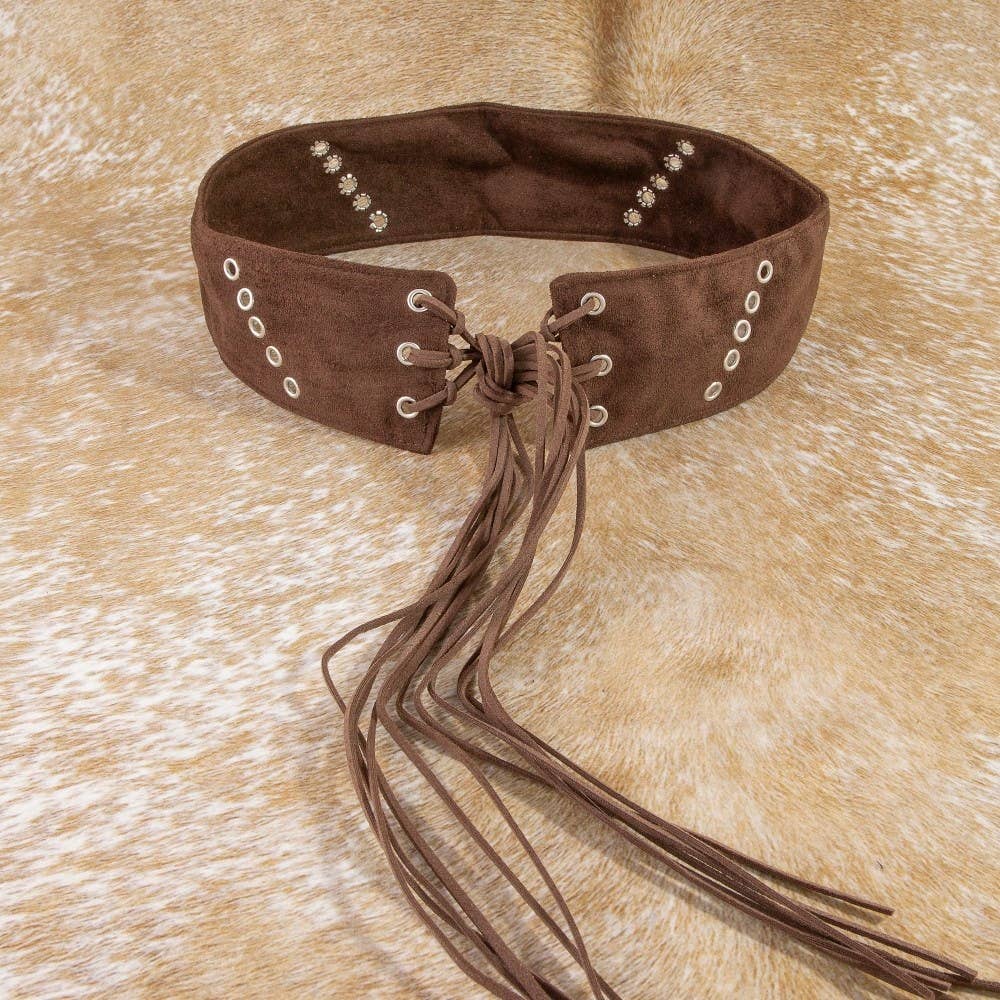 Vegan Leather Grommet Lace Up Fringe Waist Belt