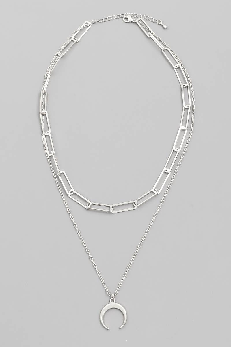 Layered Chain Link Crescent Moon Charm Necklace