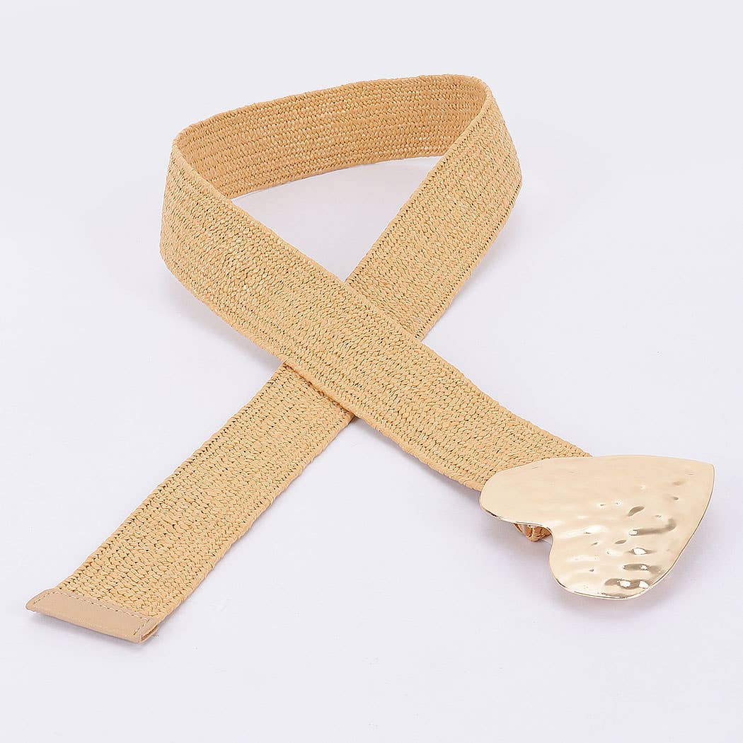 Faux Straw Metal Heart Buckle Stretch Belt