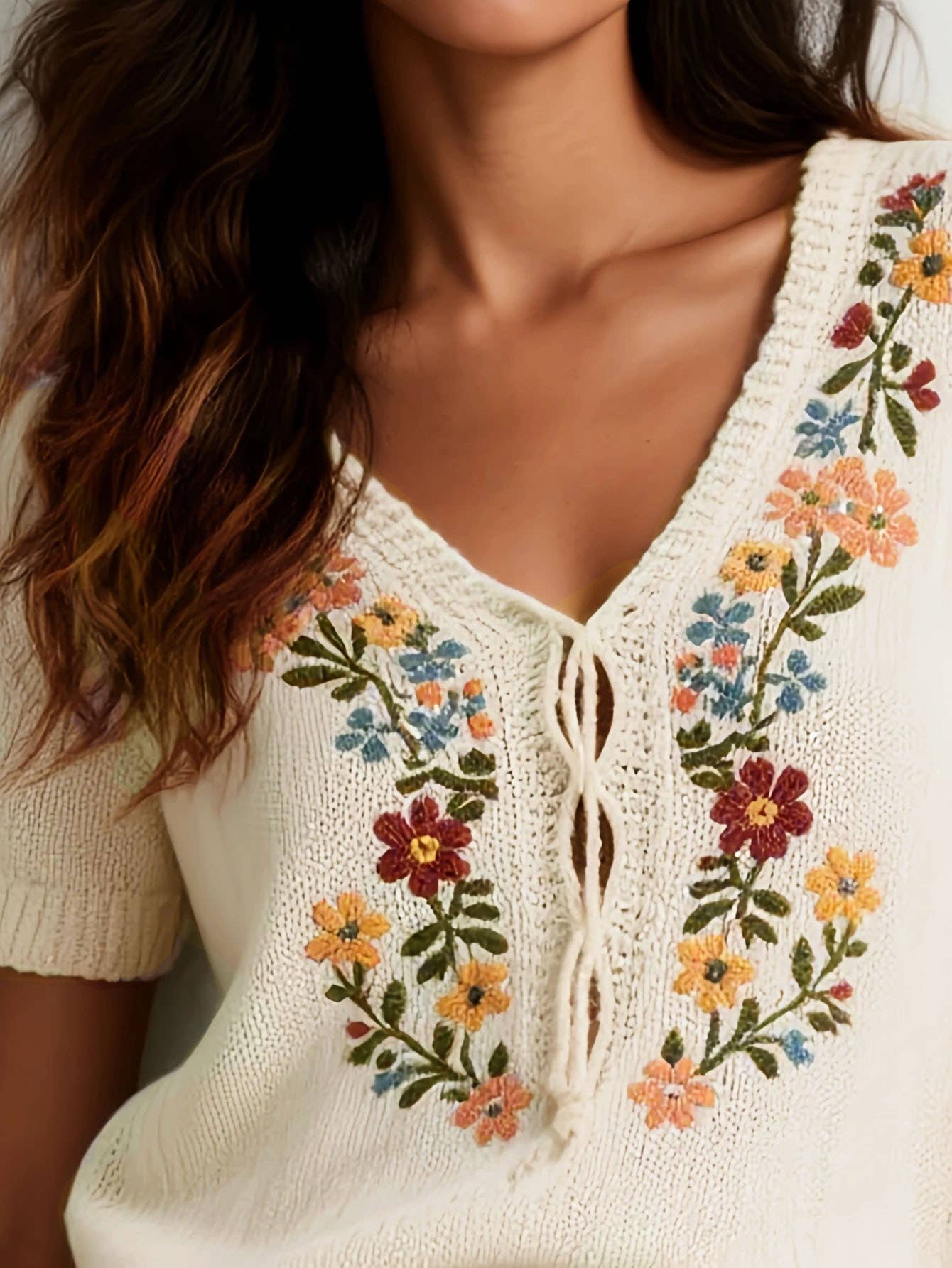 Knitted Bohemian Embroidered Flower Top