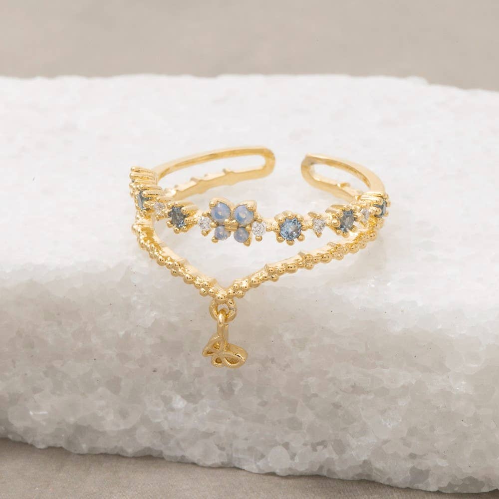 Gold Dipped Cz & Butterfly Double Row Ring