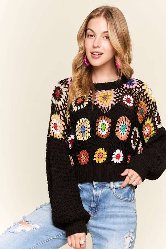 Granny Square Puff Sleeve Sweater