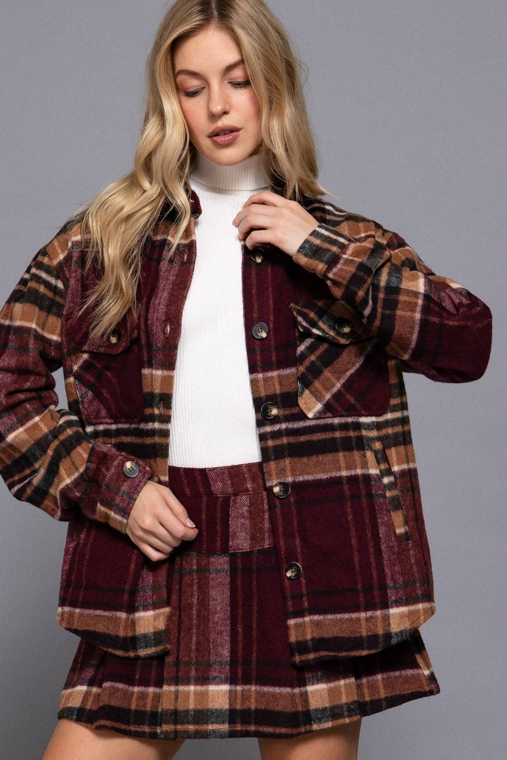 Wool Blend Plaid Button Down Shacket