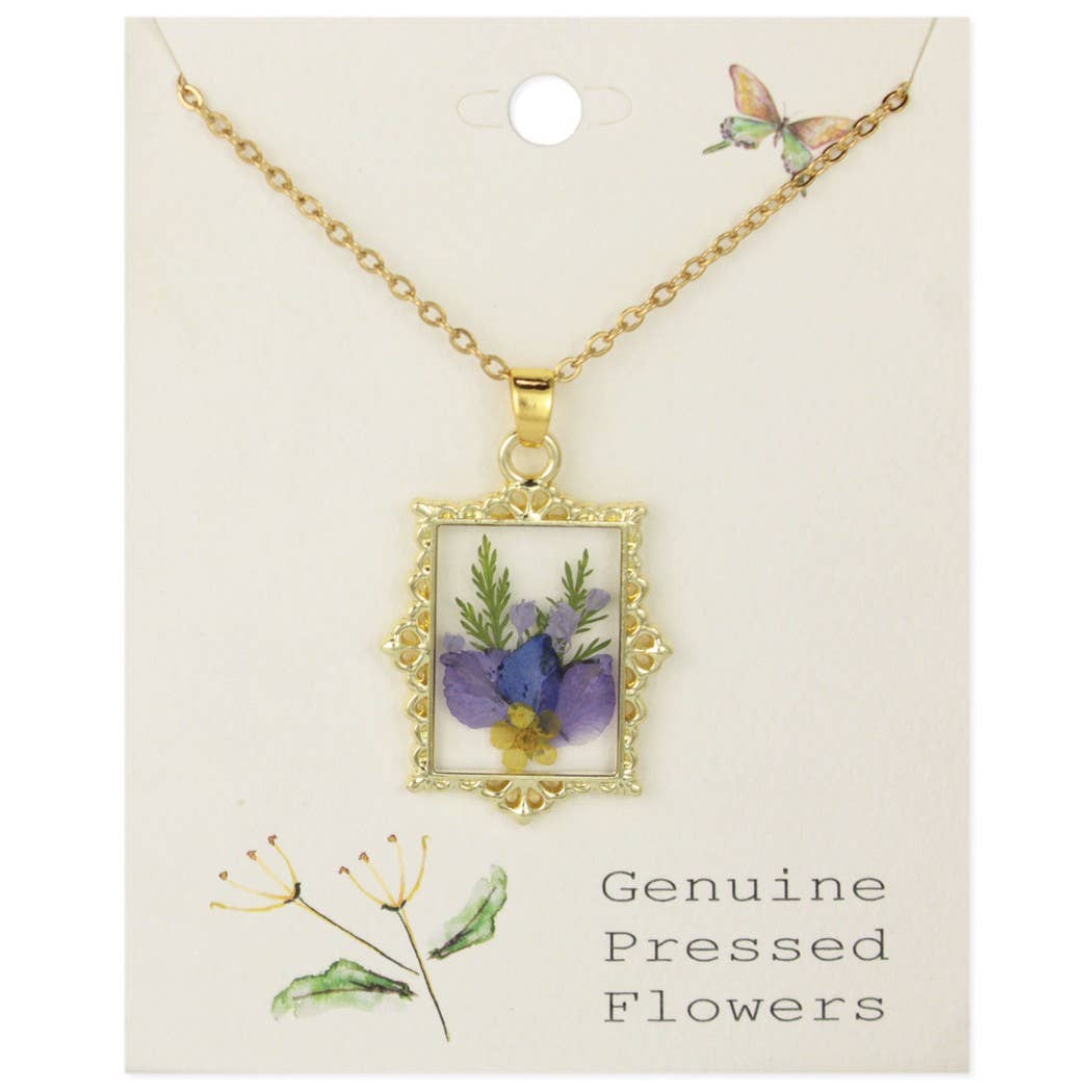 Floral Frame Dried Periwinkle Necklace