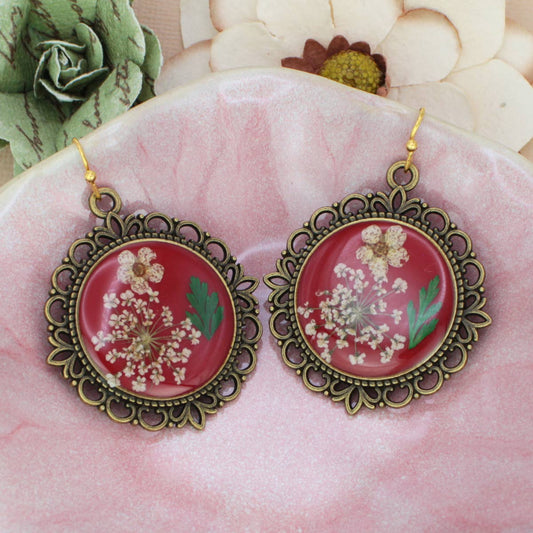 Antique Gold Dried Flower Red Cameo Earrings