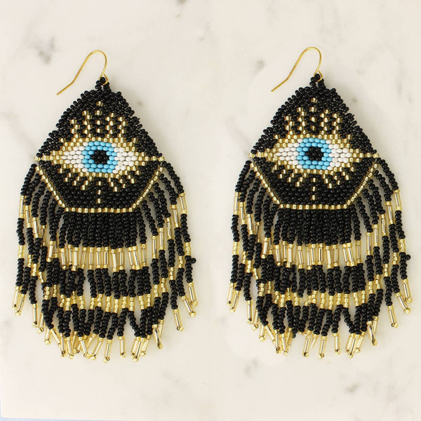 Mystical Eye Seed Bead Fringe Earrings