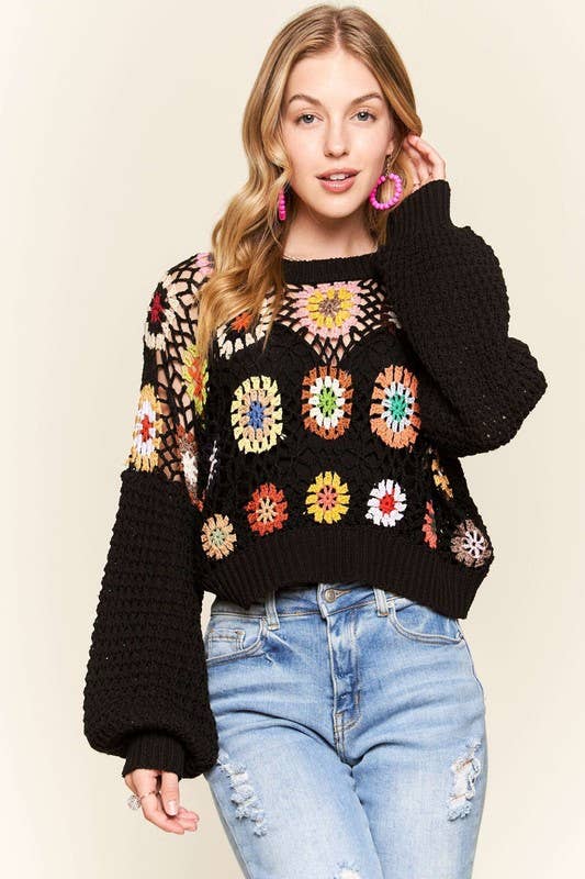Granny Square Puff Sleeve Sweater