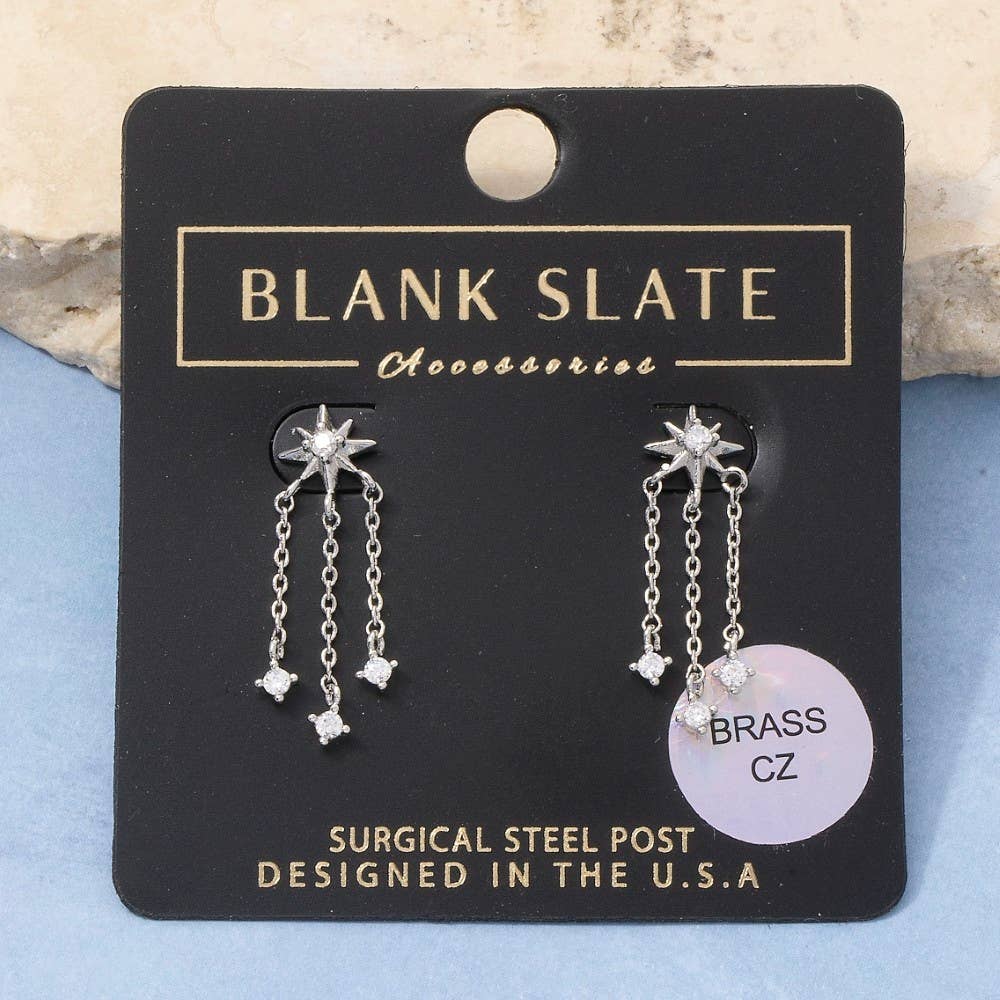 Starburst Cz Stud Triple Chain Drop Earrings