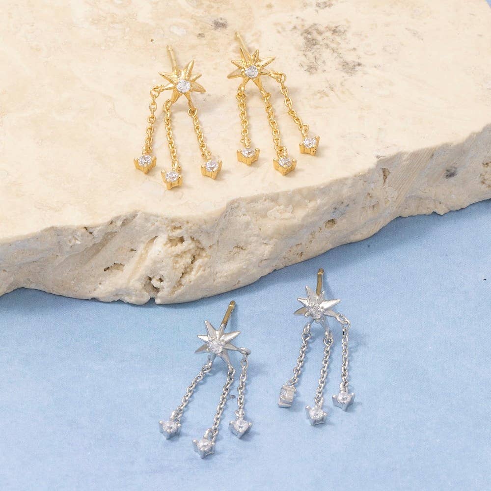 Starburst Cz Stud Triple Chain Drop Earrings