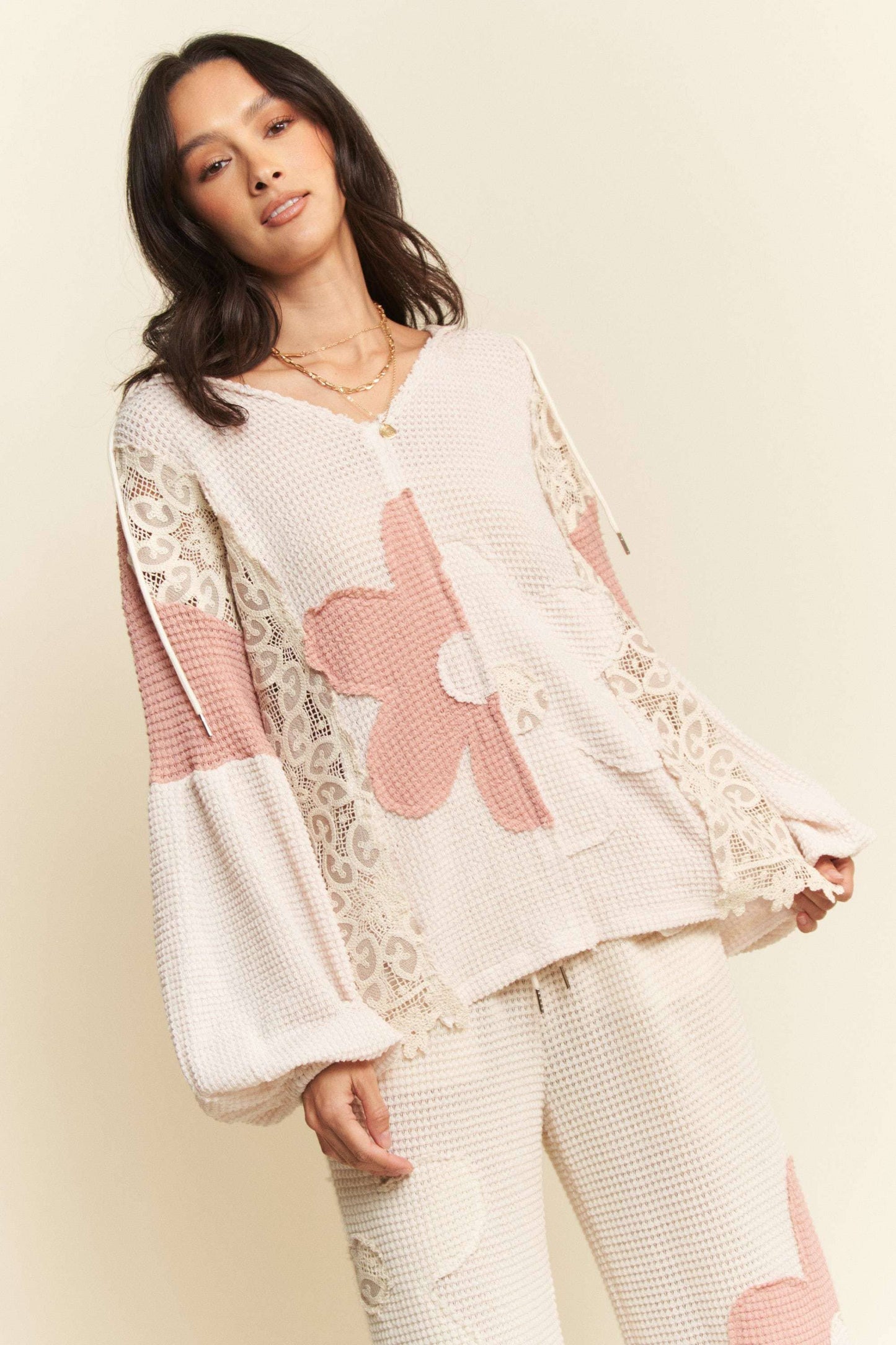 Floral Patch Waffle Knit Hoodie
