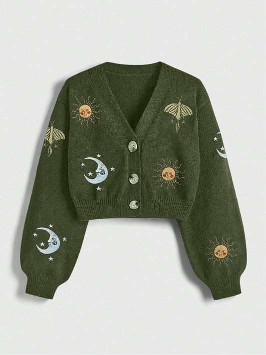 Embroidered Sun Moon Luna Moth Cardigan