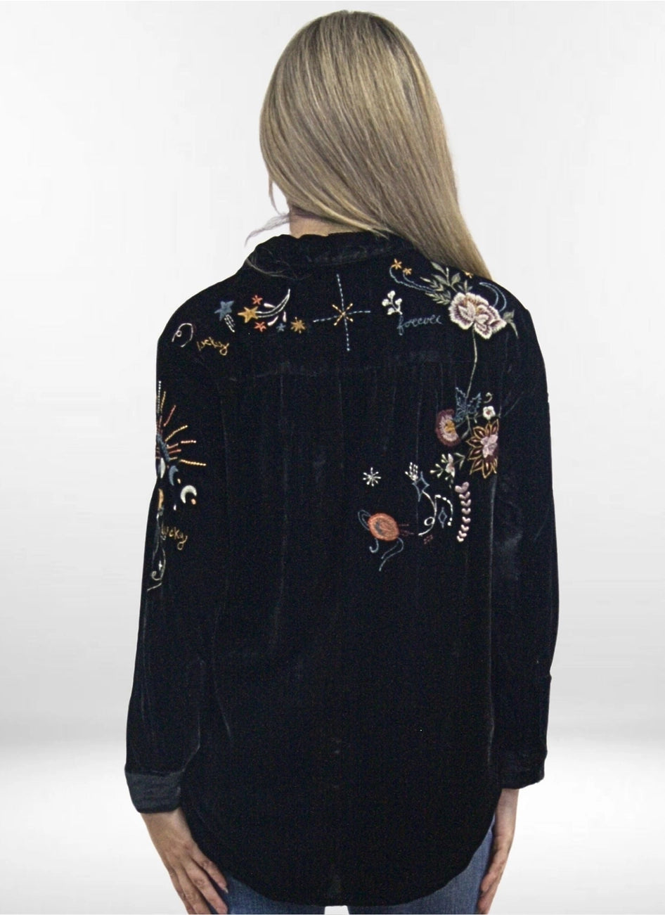 Selena Shirt | Black Velvet Embroidered Top