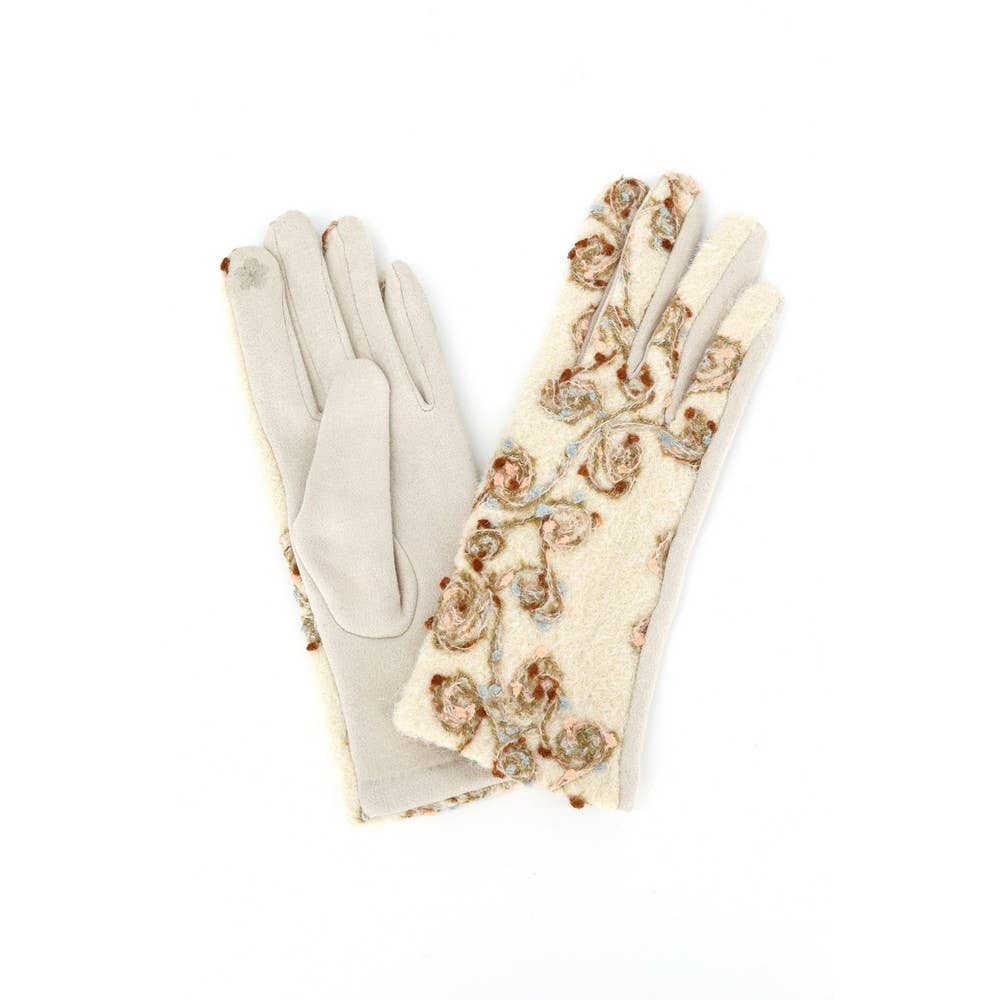 Rosette Embroidered Knit Touchscreen Gloves