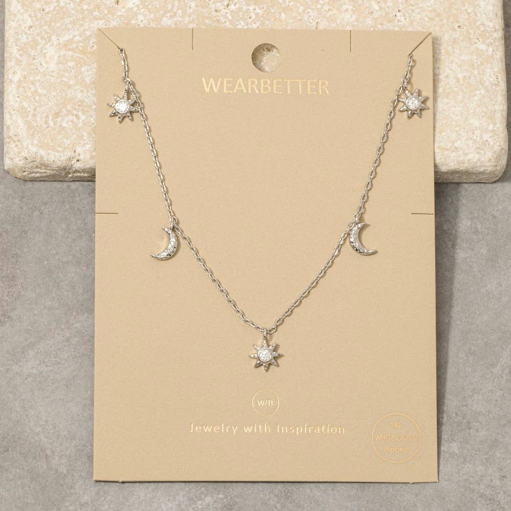 Silver Cz Pave Stars & Moon Charm Necklace