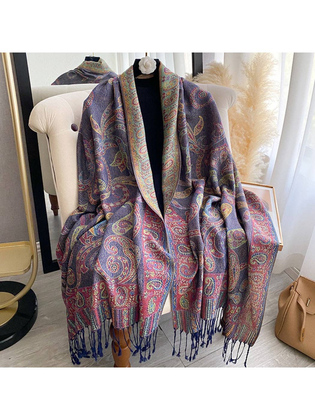Elegant Purple Paisley Fringe Scarf