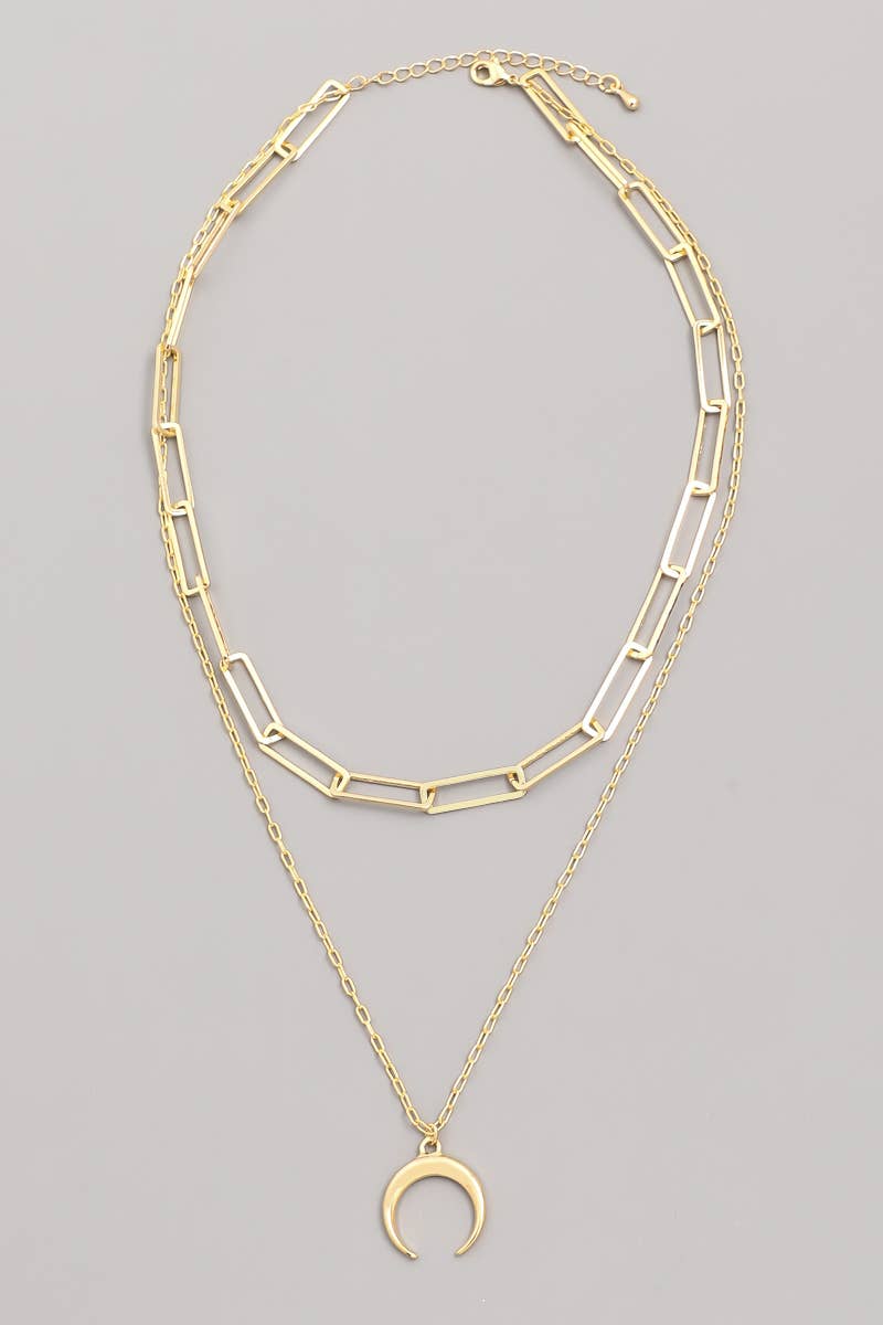 Layered Chain Link Crescent Moon Charm Necklace