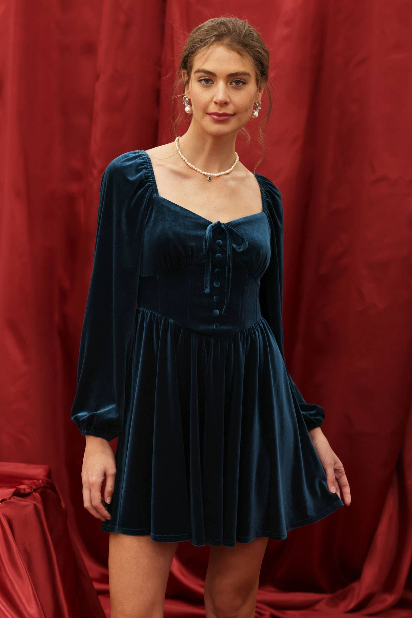 Velvet Button Down Tie Front Dress
