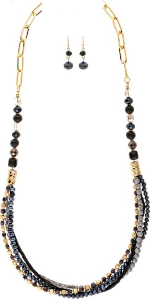 Gold Black Grey Bead Necklace Set
