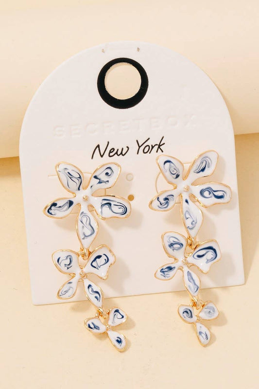 Blue Ceramic Flower Link Dangle Earrings