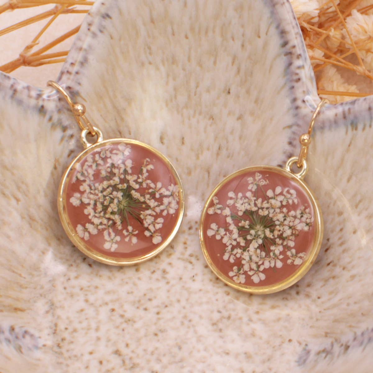 Persimmon White Dried Flower Earrings