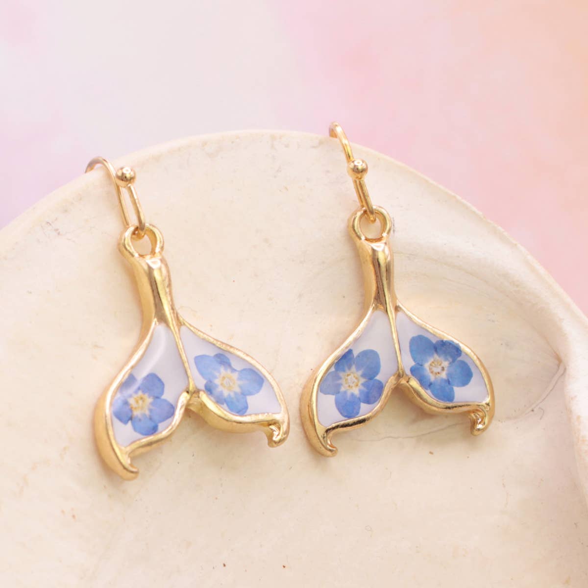 Ocean Blue Dried Flower Mermaid Tail Earrings