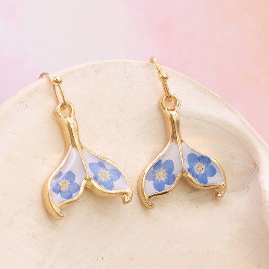 Ocean Blue Dried Flower Mermaid Tail Earrings