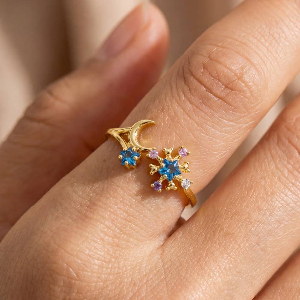 Gold Dipped Cz Starburst & Moon Open Ring