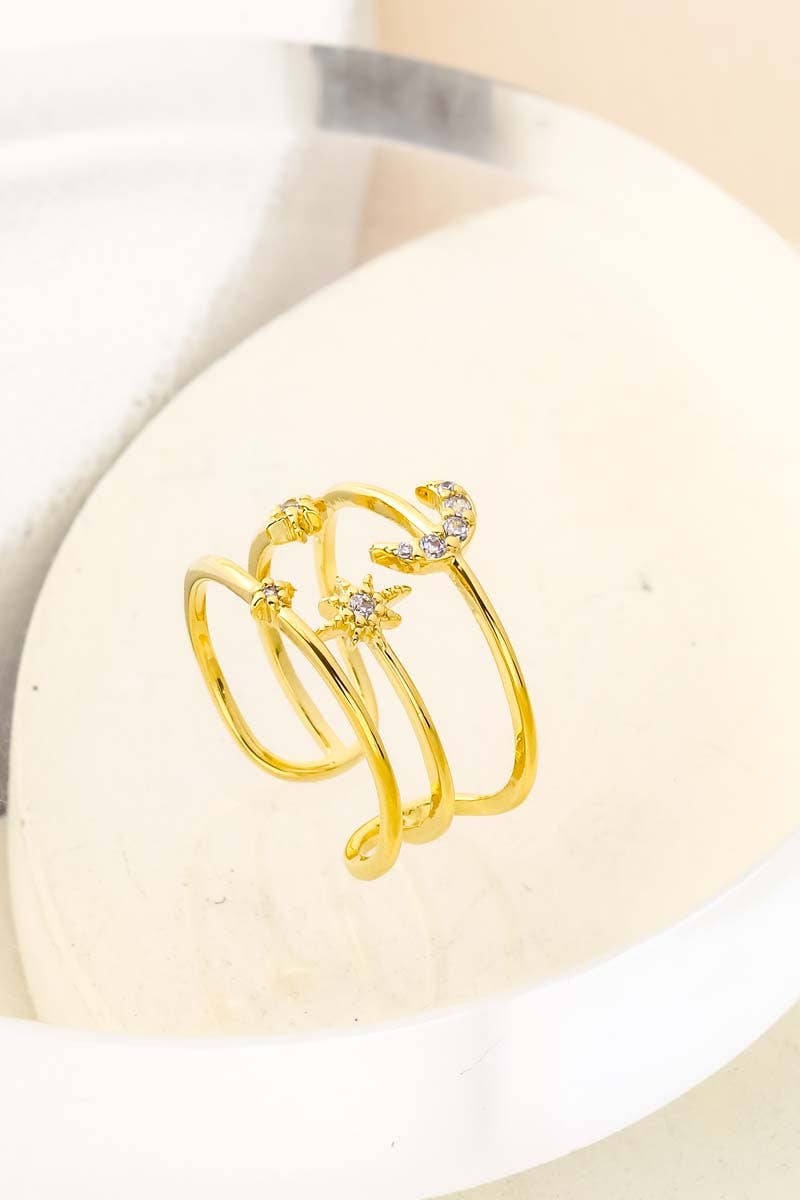 3 Line Star Moon Ring