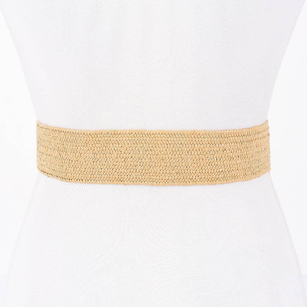 Faux Straw Metal Heart Buckle Stretch Belt