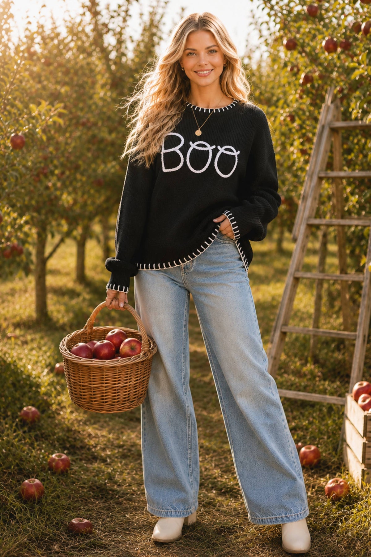 BOO Embroidered Halloween Knit Sweater