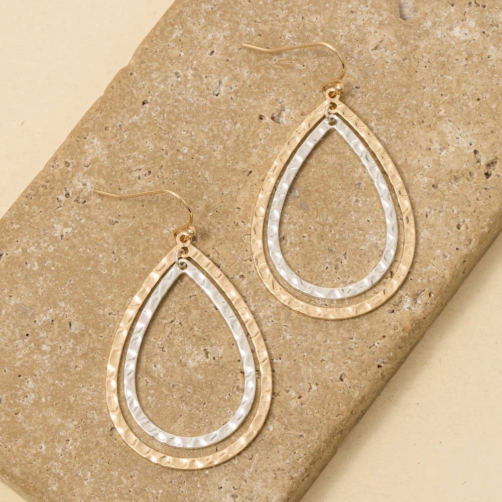 Hammered Layered Double Tear Dangle Earrings