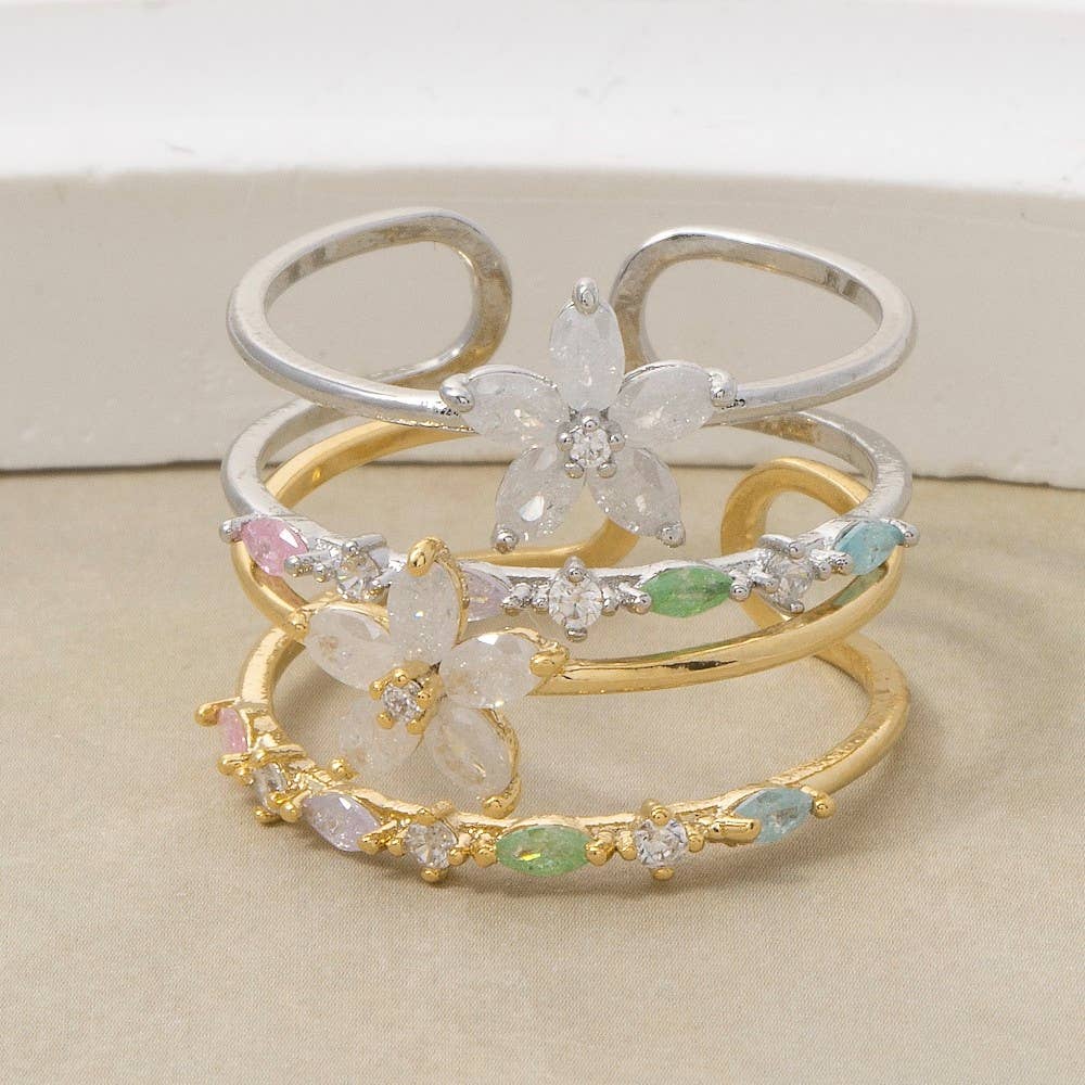 Silver Cz Flower Studded Two Row Ring