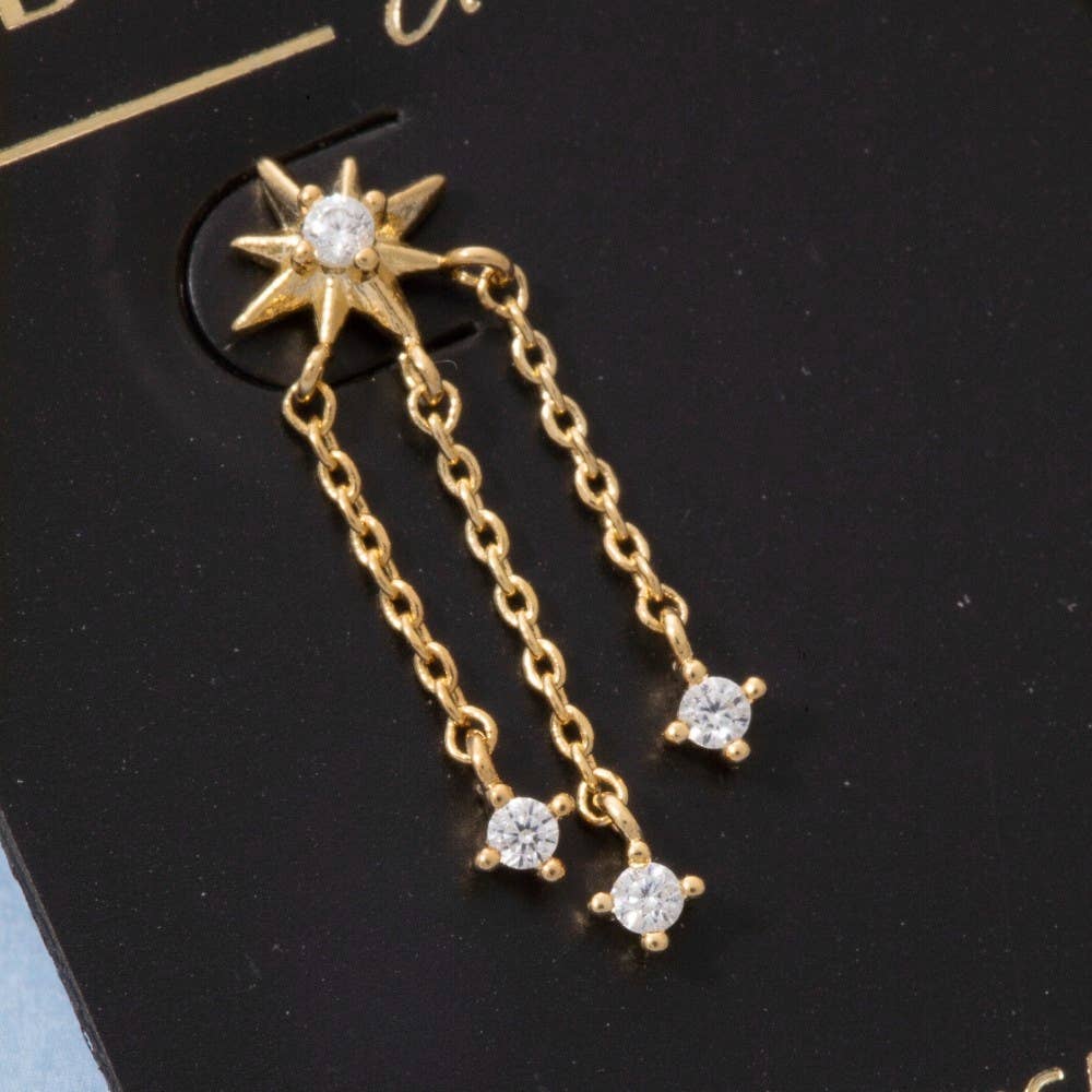 Starburst Cz Stud Triple Chain Drop Earrings